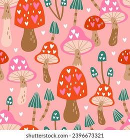 Seamless pattern design for Valentine's day with cute mushroom. Childish print for wrapping paper, party invitation and background