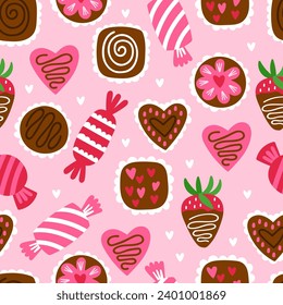 Diseño de patrones impecable para el día de San Valentín con chocolates y dulces. Impresión infantil para papel de envoltura, invitación de fiesta y fondo