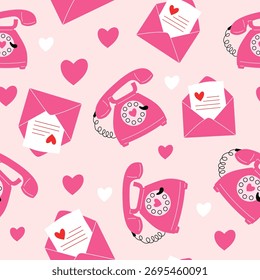 Seamless Pattern design for Valentine's day. Vector envelope, pink phone and hearts 