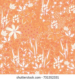 A seamless pattern design with variety of flowers and herbs in the summer field.