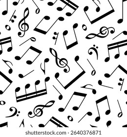 Seamless Pattern Design of Various Black Musical Note Symbols, Including Clef, Quarter Notes, and Eighth Notes