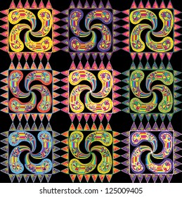 Seamless pattern design in various vivid colors on simple black background- Hand draw line art ornate design