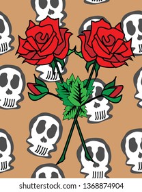 Seamless pattern design. Vector illustration. Brown background. Skulls and roses