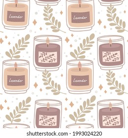 Seamless Pattern Design. Vector Illustration In Hand-drawn Style, Doodle. Aroma Candle With Lavender, Twigs, Abstract Dots, And Shine. Cozy Abstract Background. Aromatherapy, Relaxation And Good Mood.