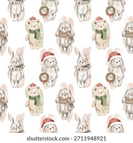 Seamless pattern design with watercolour bunnies and bear. Christmas cute animals pattern design for home decor, textile. New Year watercolour bunnies