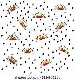 Seamless pattern design of watermelon pieces and seeds. Used for design surfaces, fabrics, textiles, paper.