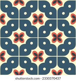 Seamless pattern design with a white background adorned by blue and red flowers, creating a peppermint motif. It is ideal for repeating fabric patterns.