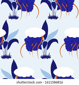 seamless pattern design with white jellyfish and blue leaves, perfect to use on the web or in print