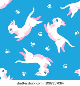 Seamless pattern design with white leaping cats and paw prints. Can be used as a background, on packaging paper or textile. Flat style illustration. Editable vector graphics in EPS 8.