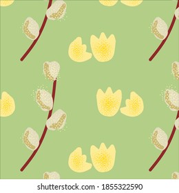 seamless pattern design willow branch and egg hatched on green background