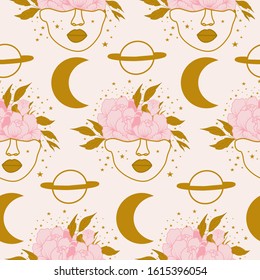 seamless pattern design with woman face, flowers and celestials, perfect to use on the web or in print