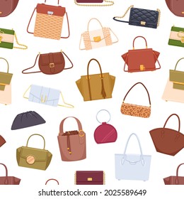 Seamless pattern design with women bags and handbags on white background. Endless repeating printable backdrop with modern fashion accessories. Colored flat vector illustration of texture for printing