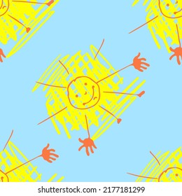 Nahtloses Muster für das Design von Wickelpapier, Stoff.Lächelnde fröhliche Sonne mit Palmen und Beinen, bereit zum Umarmen.Vektorhintergrund im Doodle-Stil, schwarze Linien auf Weiß, handgezeichnet