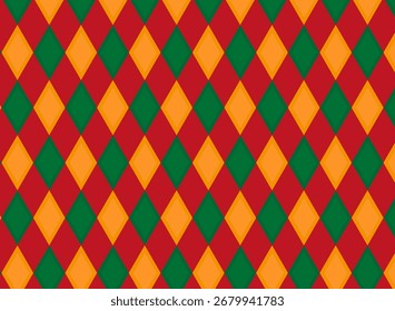 Padrão contínuo com um design de diamantes amarelos e verdes em um fundo vermelho.