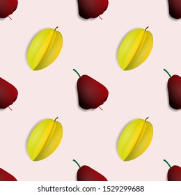 

seamless pattern design of yellow star fruit and red guava with a shadow effect. pink background. Modern wallpaper and fruits ready to be printed. natural vector.