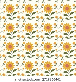 Diseño de patrón sin fisuras con girasol amarillo y hojas verdes. Ilustración botánica dibujada a mano en un estilo de repetición de media gota para un aspecto profesional.