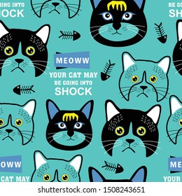 seamless pattern design,cat funny cartoon ,vector illustration