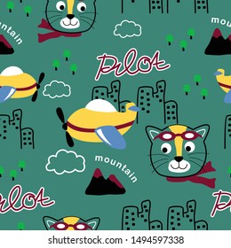 seamless pattern design,cat the pilot funny animal cartoon,vector illustration