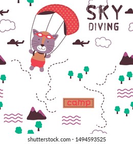 seamless pattern design,cat play sky diving funny animal cartoon,vector illustration