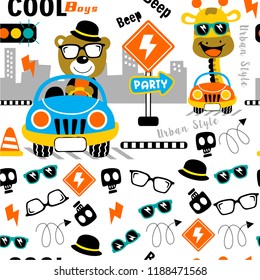 seamless pattern design,cool animal cartoon,vector illustration