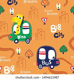 seamless pattern design,dinosaur on the car funny animal cartoon,vector illustration