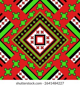 A seamless pattern designed in a bold red and green color scheme with central diamond shapes inspired by folk and tribal weaving traditions. This pixelated ethnic pattern is suitable for crafts, texti