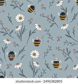 Seamless pattern designed with tiny bees and wild flowers, wildflowers collection, natural colors, bees are camping, vector illustration for kids artworks.