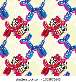 Seamless pattern with designer balloons. Dog made of balloons. Figurines of animals. unusual multi-colored background.