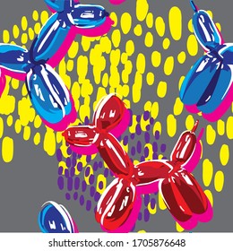 Seamless pattern with designer balloons. Dog made of balloons. Figurines of animals. unusual multi-colored background.