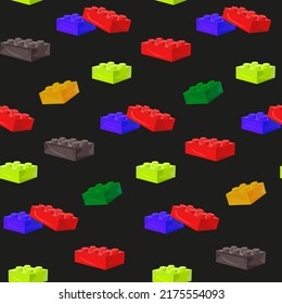 Seamless pattern of designer toy blocks on the black background. Vector