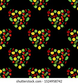 
seamless pattern designs of apples, pineapples, oranges, watermelons, lemons, strawberries arranged in the shape of the heart of love. dark background. modern fruit wallpaper designs.
