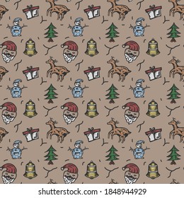 Seamless pattern designs for Christmas celebrations, Santa Claus objects, Christmas trees, snowmen, and reindeer