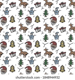 Seamless pattern designs for Christmas celebrations, Santa Claus objects, Christmas trees, snowmen, and reindeer