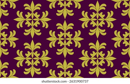 Diseños de patrones sin fisuras con flor de damasco de oro sobre fondo púrpura oscuro, diseño para tela o varios trabajos de impresión de patrones.