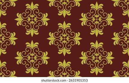 desenhos de padrão sem costura com flor de damasco de ouro no fundo vermelho escuro, design para tecido ou várias obras de impressão de padrão.