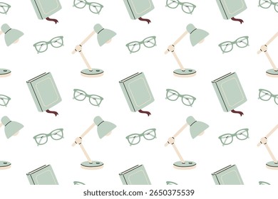 Seamless pattern of desk lamps, glasses, and books on white background, perfect for reading, study, and home office-themed visuals