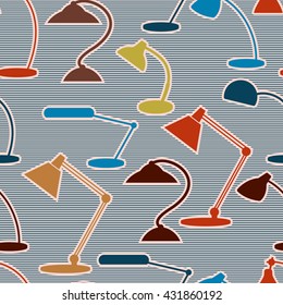 Seamless pattern with  desk lamps. Silhouettes. Bright colors. Striped background.