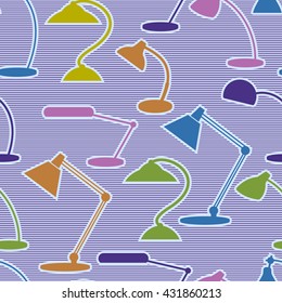 Seamless pattern with  desk lamps. Silhouettes. Bright colors. Striped background.