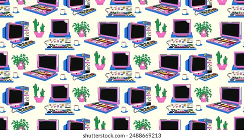 Seamless pattern with a desktop computer from the 80s and 90s. Vector background in y2k style with vintage computer and houseplants.
