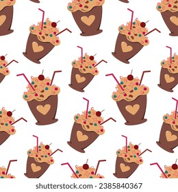 Seamless pattern of dessert in a cup with cocktail straw, decoration and cream in trendy warm shades