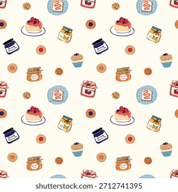Seamless Pattern with Dessert Design on Light Yellow Background. Hand Drawn Vector Illustration. Not AI Generated.