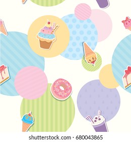 Seamless pattern of dessert and drink of sweet menu decorated with colorful circle background.