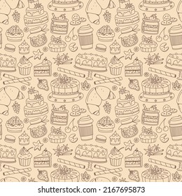 Seamless pattern with dessert elements. Vector doodle background. Repeating pattern for cafe, pastry and bakery shop decoration, wrapping paper and package design.