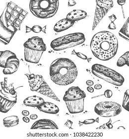 Seamless pattern. Dessert.  Hand drawn confectionery. Vector illustration.