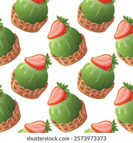 Seamless pattern Dessert, Ice cream in a cup, pistachio, strawberry, sweet, macha flavor, vector