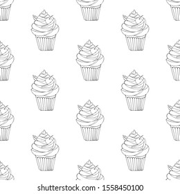 Seamless pattern of dessert in vector. Background of cake hand drawn. Illustration of sweet pastries for Valentine's day, birthday. Black line art on a white background. Sweet food. Sketch.