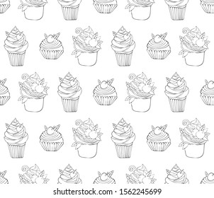 Seamless pattern of dessert in vector. Background of cake hand drawn. Illustration of sweet pastries for Valentine's day, birthday. Black line art on a white background. Sweet food. Sketch.