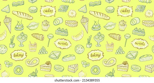 Seamless pattern with desserts and baked goods items, doodle style hand drawn sketch, vector background