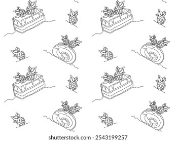 seamless pattern with desserts, cake,blackberry roll. continuous single line art drawing sketch