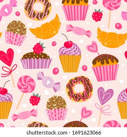 Seamless pattern with desserts. Can be used on packaging paper, fabric, background for different images, etc.